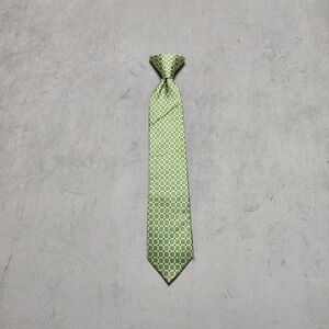 CHAPS Boy's Clip On Pre-Tied Silk‎ Tie Green White Square Black Diamond Pattern